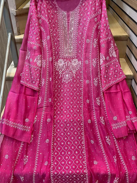 Mul Chanderi Anarkali Kurta Dupatta Set with Exquisite Pearl & Katdana Embellishments