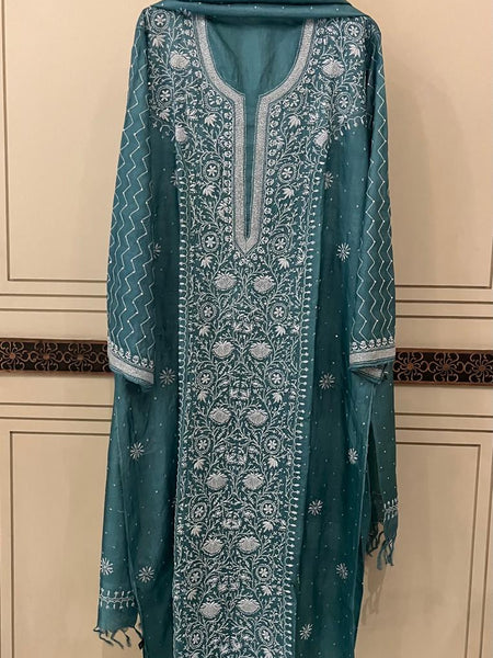 Pure Silk Kurta Dupatta Set with Pearl, Sequin & Katdana Embellishments
