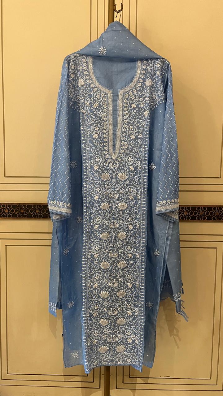 Pure Silk Kurta Dupatta Set with Pearl, Sequin & Katdana Embellishments