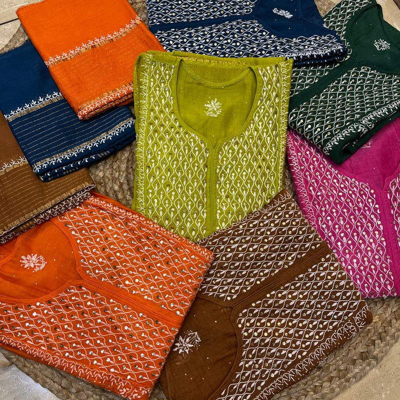 Mul Chanderi A-Line Kurta Dupatta Set with Elegant Mukaish Work