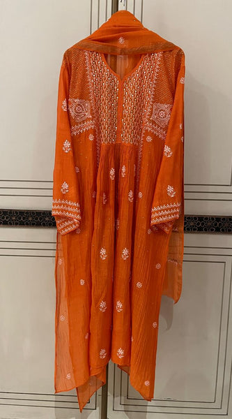 Mul Chanderi A-Line Kurta Dupatta Set with Elegant Mukaish Work