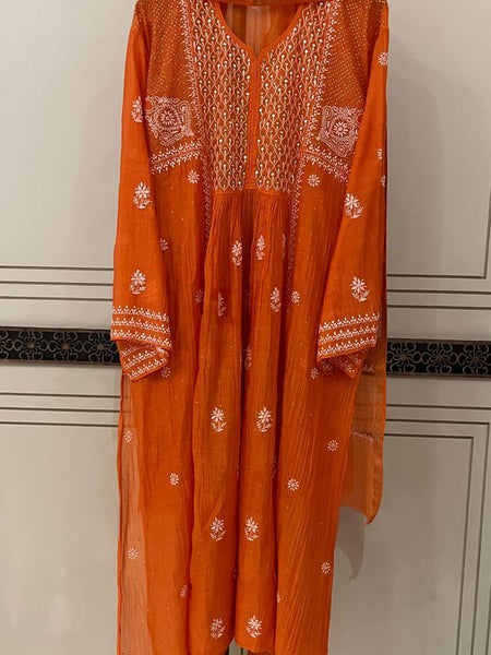 Mul Chanderi A-Line Kurta Dupatta Set with Elegant Mukaish Work