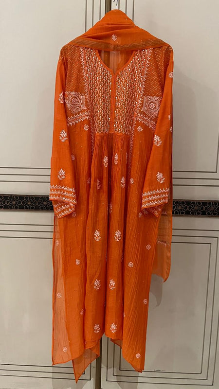 Mul Chanderi A-Line Kurta Dupatta Set with Elegant Mukaish Work