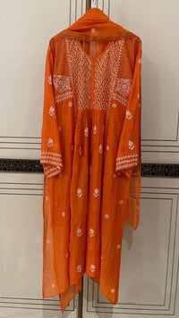 Mul Chanderi A-Line Kurta Dupatta Set with Elegant Mukaish Work