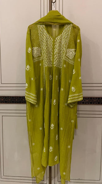 Mul Chanderi A-Line Kurta Dupatta Set with Elegant Mukaish Work