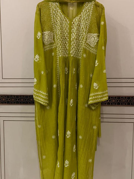 Mul Chanderi A-Line Kurta Dupatta Set with Elegant Mukaish Work