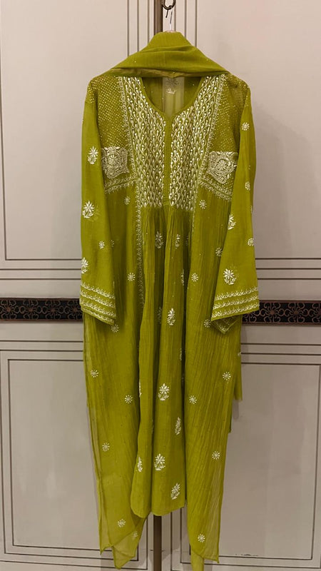 Mul Chanderi A-Line Kurta Dupatta Set with Elegant Mukaish Work