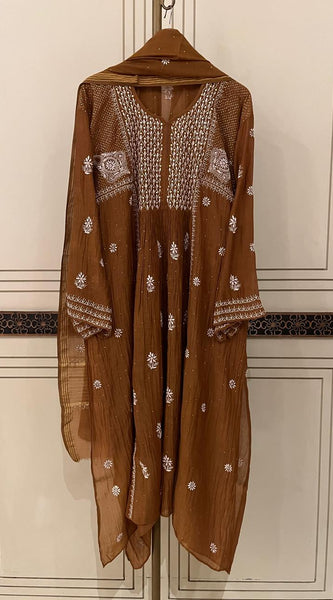 Mul Chanderi A-Line Kurta Dupatta Set with Elegant Mukaish Work