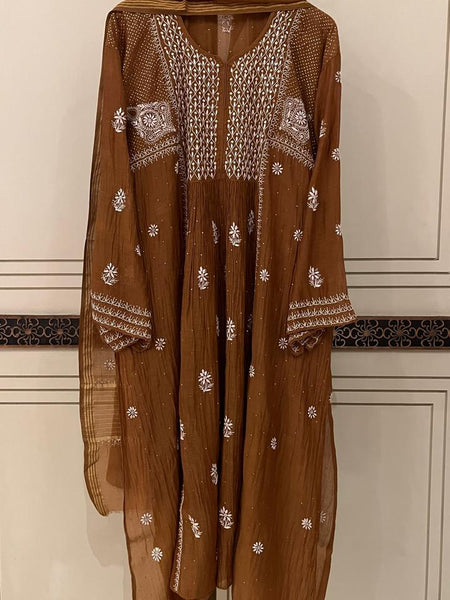 Mul Chanderi A-Line Kurta Dupatta Set with Elegant Mukaish Work