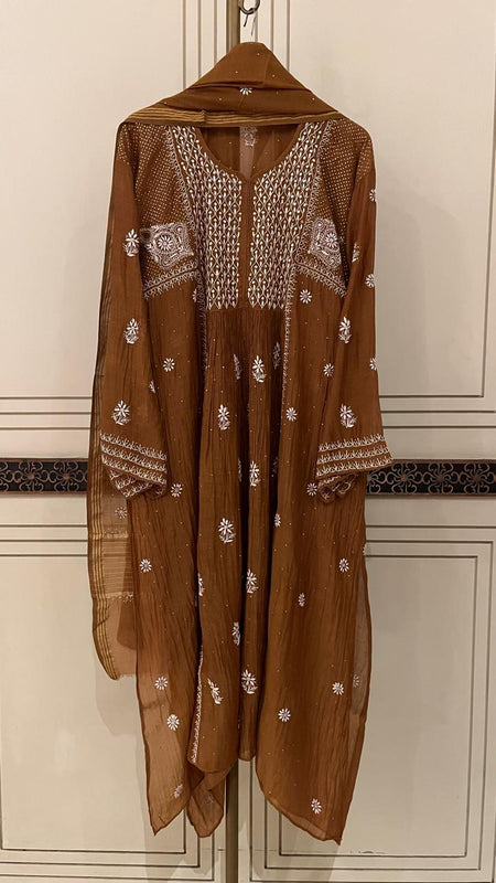 Mul Chanderi A-Line Kurta Dupatta Set with Elegant Mukaish Work