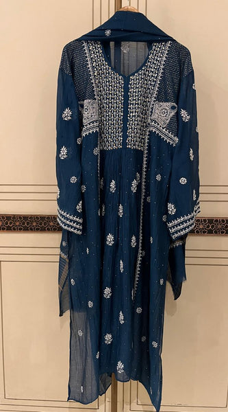 Mul Chanderi A-Line Kurta Dupatta Set with Elegant Mukaish Work