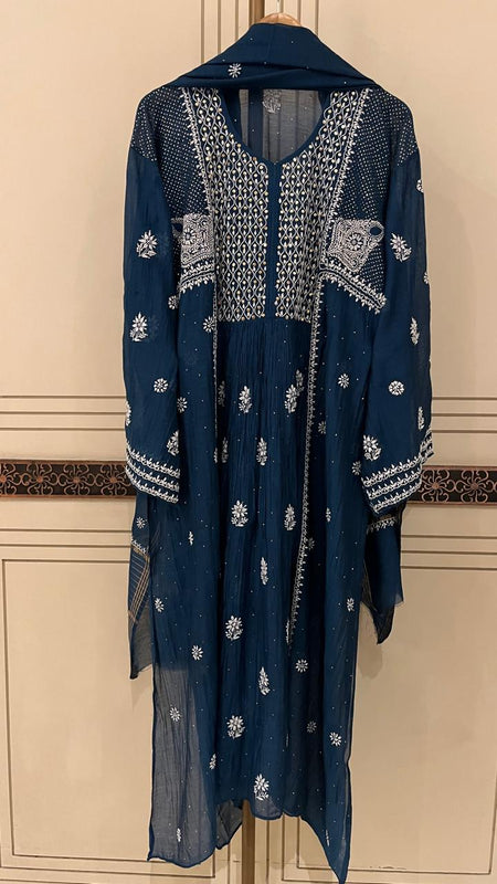 Mul Chanderi A-Line Kurta Dupatta Set with Elegant Mukaish Work