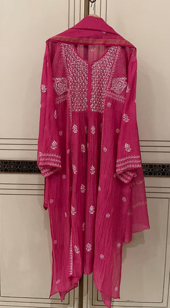 Mul Chanderi A-Line Kurta Dupatta Set with Elegant Mukaish Work