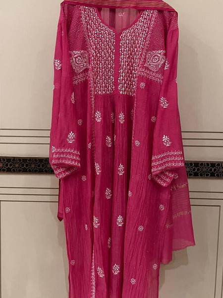 Mul Chanderi A-Line Kurta Dupatta Set with Elegant Mukaish Work