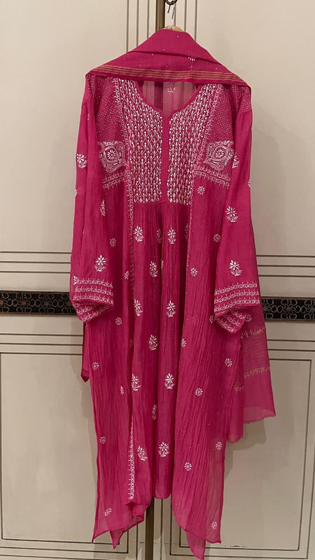 Mul Chanderi A-Line Kurta Dupatta Set with Elegant Mukaish Work