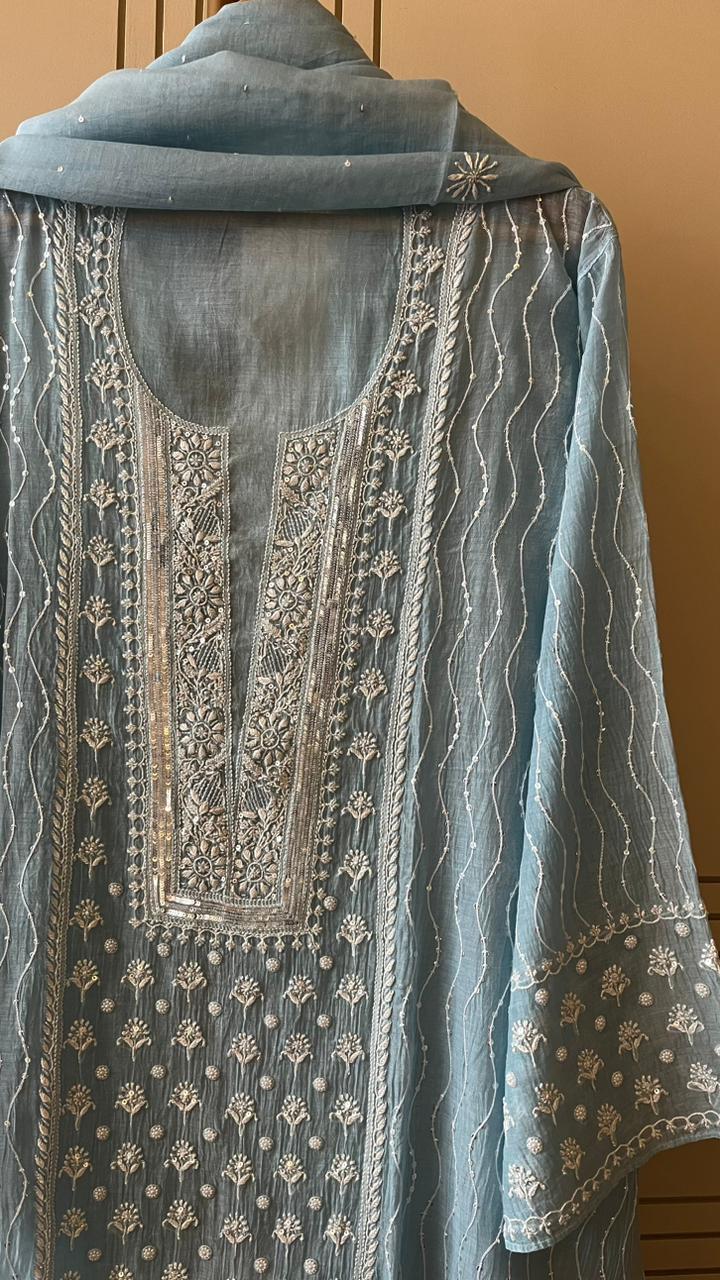 Pure Mul Chanderi Kurta Dupatta Set with Pearl & Katdana Embellishments