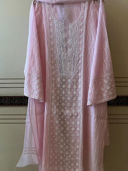 Pure Mul Chanderi Kurta Dupatta Set with Pearl & Katdana Embellishments