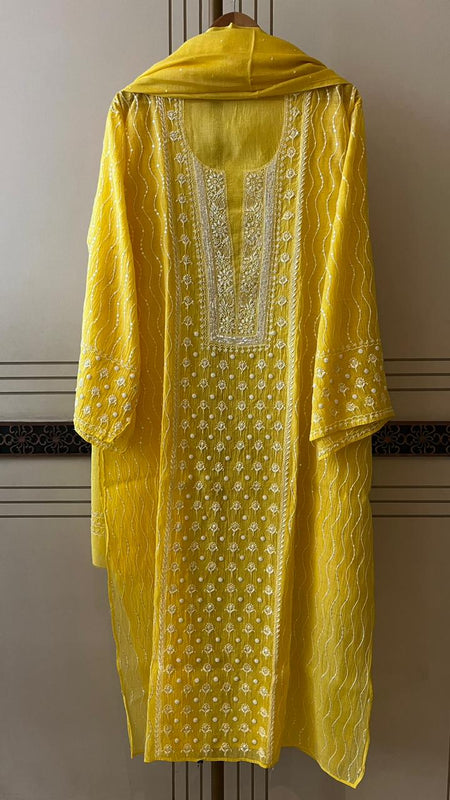 Pure Mul Chanderi Kurta Dupatta Set with Pearl & Katdana Embellishments