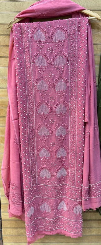 Georgette Unstitched Kurta Dupatta Set with Pearl & Katdana Embellishments