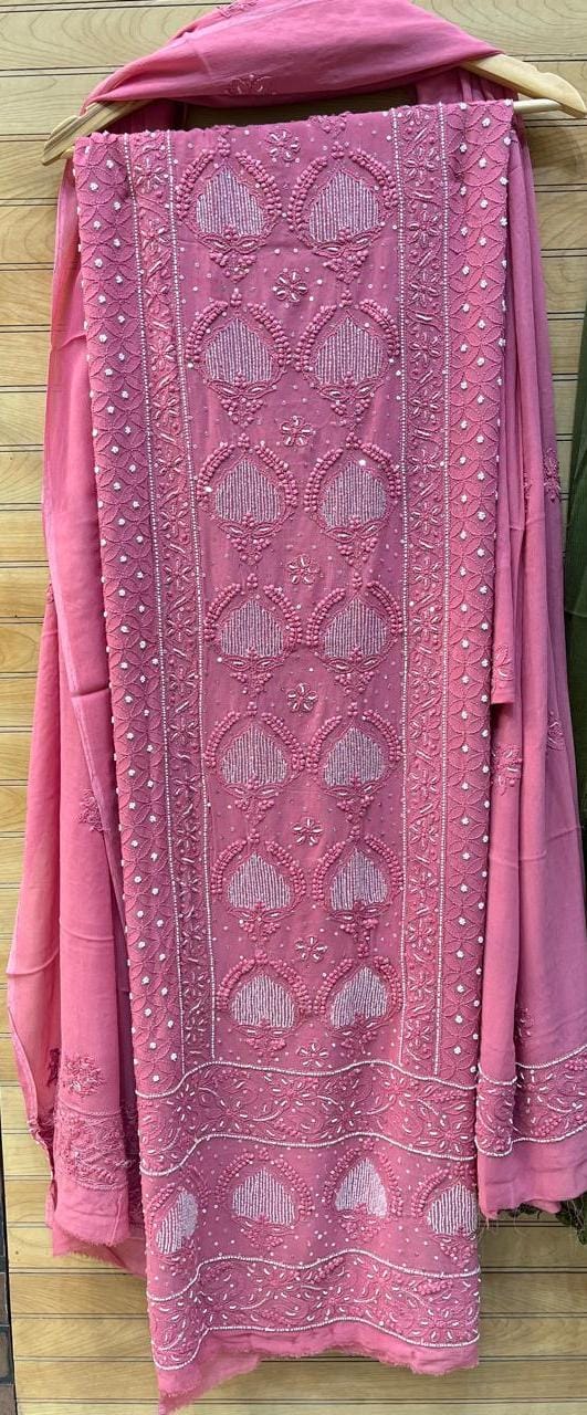 Georgette Unstitched Kurta Dupatta Set with Pearl & Katdana Embellishments