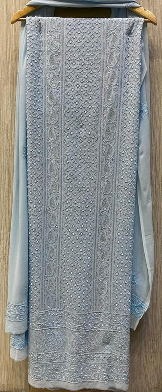 Georgette Unstitched Kurta Dupatta Set with Pearl & Katdana Embellishments