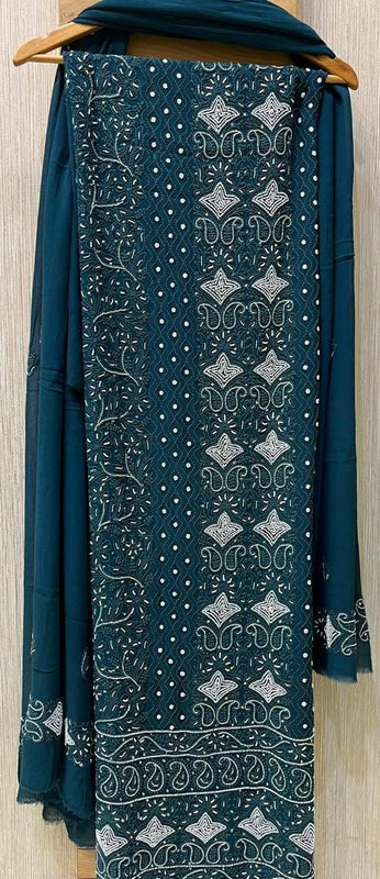 Georgette Unstitched Kurta Dupatta Set with Pearl & Katdana Embellishments