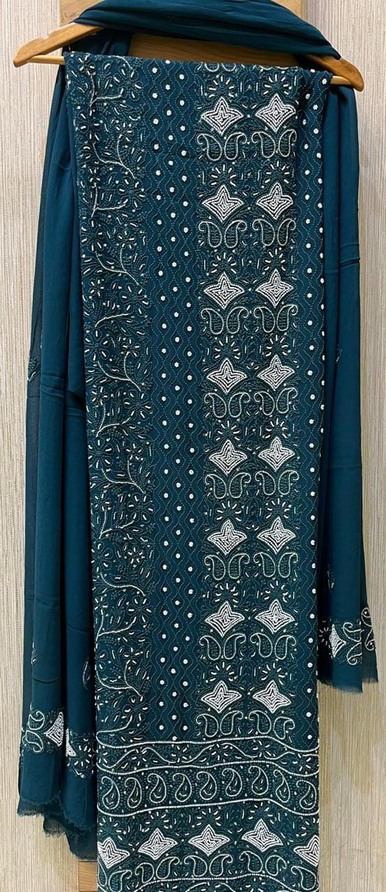 Georgette Unstitched Kurta Dupatta Set with Pearl & Katdana Embellishments