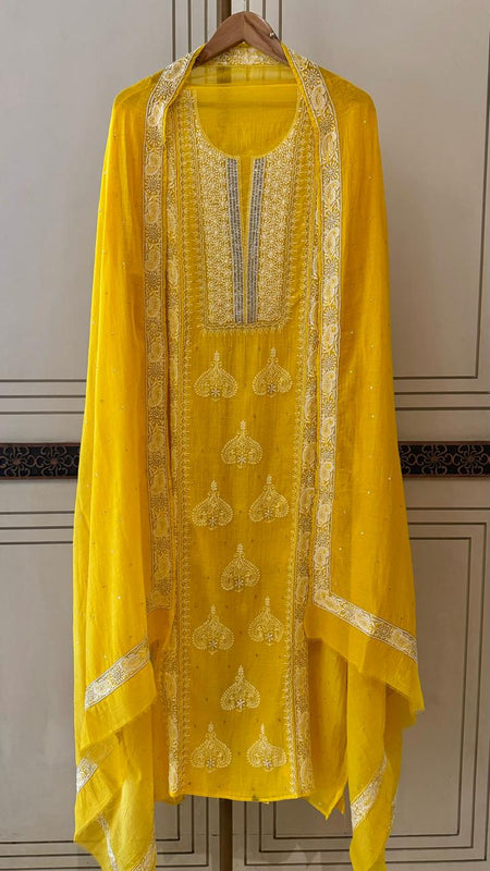 Mul Chanderi Kurta Dupatta Set with Pearl, Sequin & Katdana Embellishments