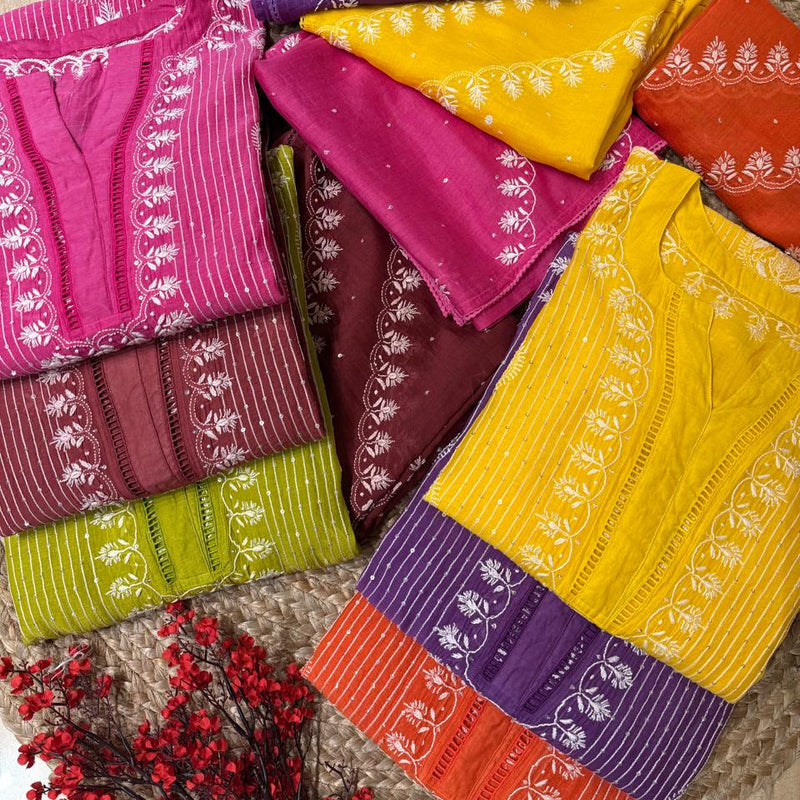Mul Chanderi Semi-Stitched Kurta Dupatta Set with Pearl, Sequin & Katdana Embellishments