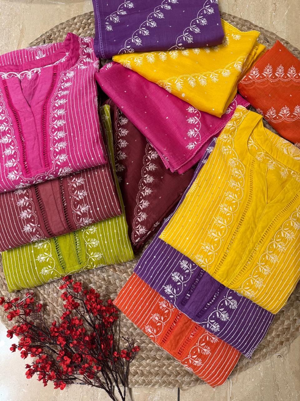 Mul Chanderi Semi-Stitched Kurta Dupatta Set with Pearl, Sequin & Katdana Embellishments