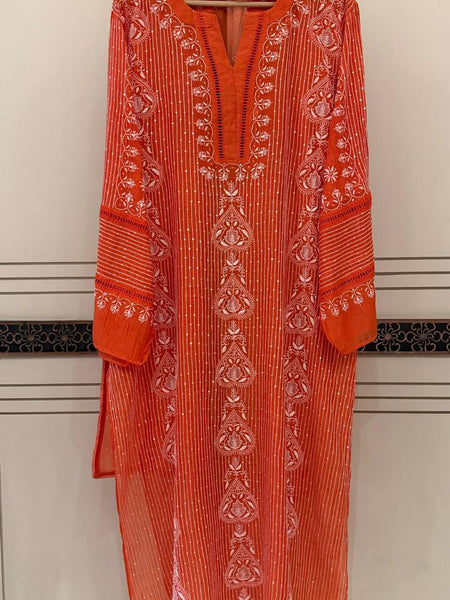 Mul Chanderi Semi-Stitched Kurta Dupatta Set with Pearl, Sequin & Katdana Embellishments