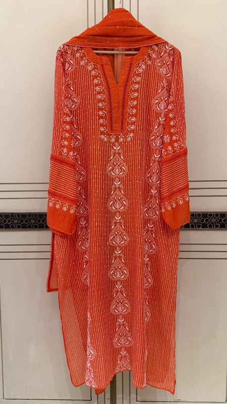 Mul Chanderi Semi-Stitched Kurta Dupatta Set with Pearl, Sequin & Katdana Embellishments