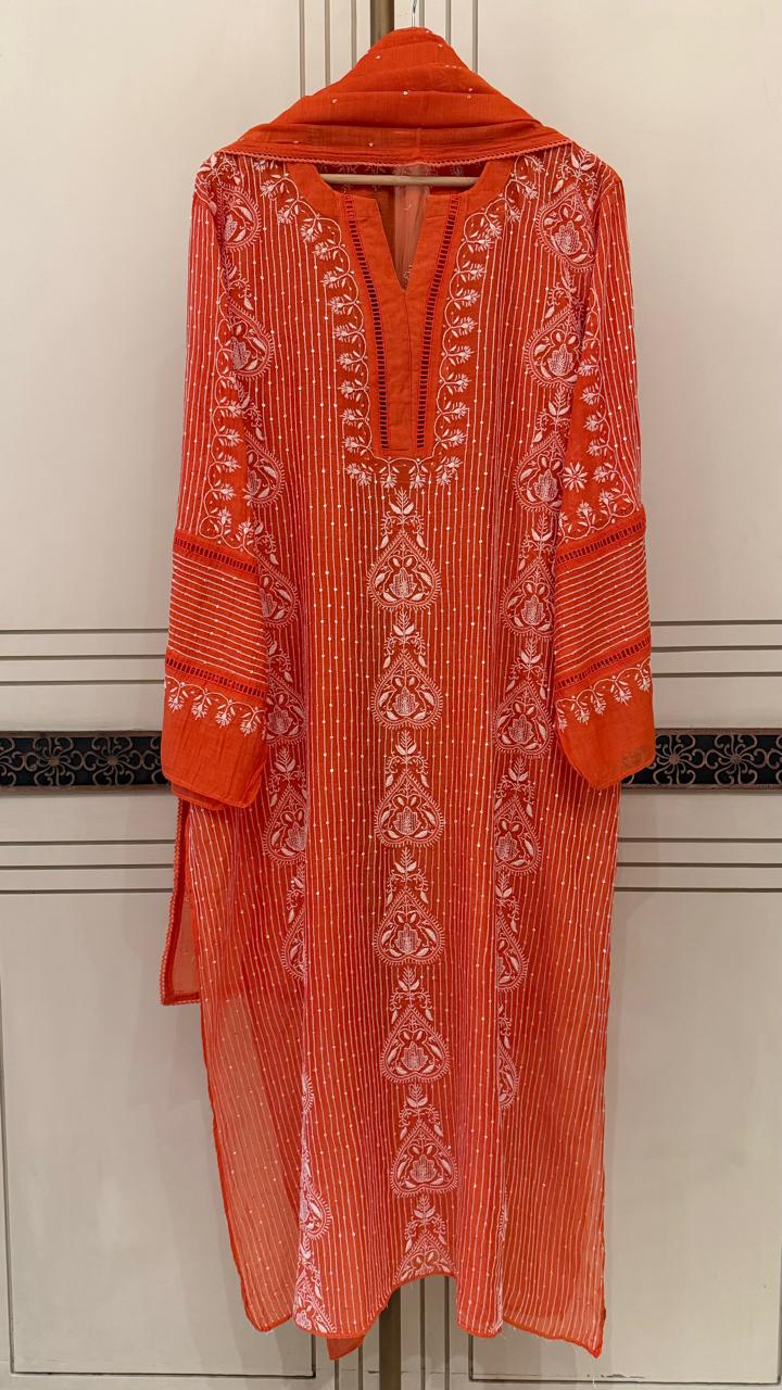 Mul Chanderi Semi-Stitched Kurta Dupatta Set with Pearl, Sequin & Katdana Embellishments