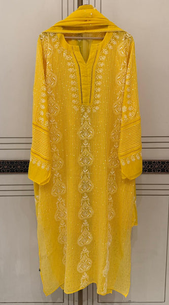 Mul Chanderi Semi-Stitched Kurta Dupatta Set with Pearl, Sequin & Katdana Embellishments