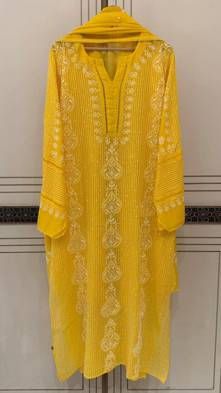 Mul Chanderi Semi-Stitched Kurta Dupatta Set with Pearl, Sequin & Katdana Embellishments