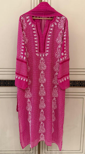 Mul Chanderi Semi-Stitched Kurta Dupatta Set with Pearl, Sequin & Katdana Embellishments