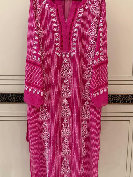 Mul Chanderi Semi-Stitched Kurta Dupatta Set with Pearl, Sequin & Katdana Embellishments