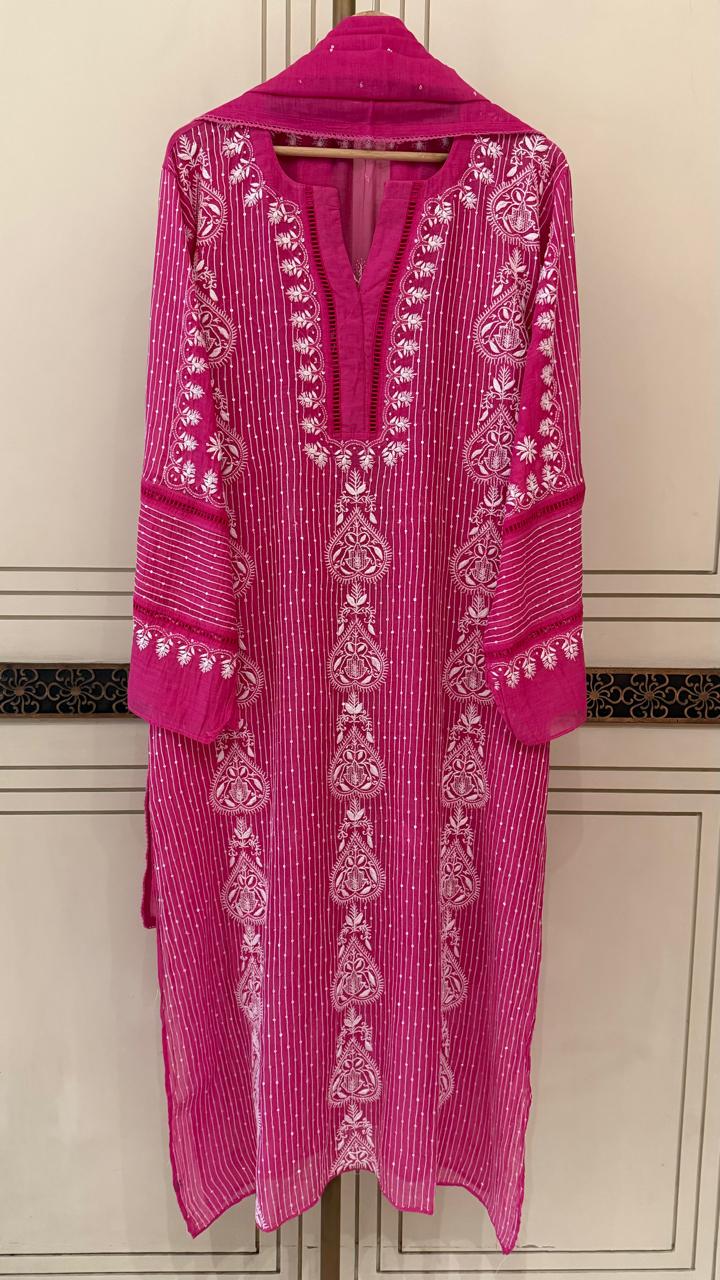 Mul Chanderi Semi-Stitched Kurta Dupatta Set with Pearl, Sequin & Katdana Embellishments