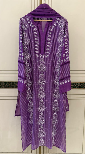 Mul Chanderi Semi-Stitched Kurta Dupatta Set with Pearl, Sequin & Katdana Embellishments