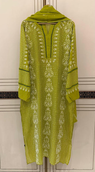 Mul Chanderi Semi-Stitched Kurta Dupatta Set with Pearl, Sequin & Katdana Embellishments