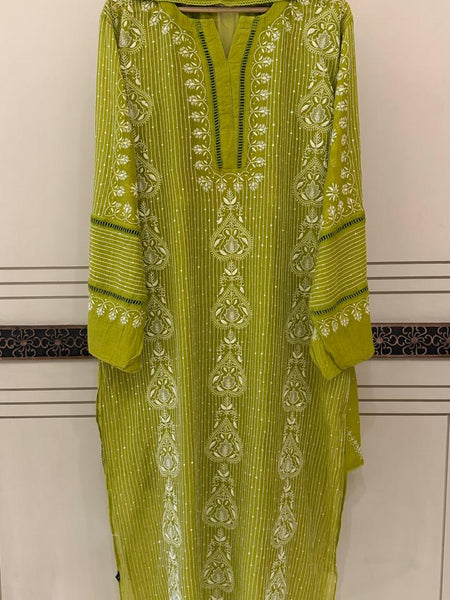 Mul Chanderi Semi-Stitched Kurta Dupatta Set with Pearl, Sequin & Katdana Embellishments