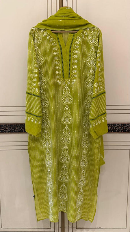 Mul Chanderi Semi-Stitched Kurta Dupatta Set with Pearl, Sequin & Katdana Embellishments