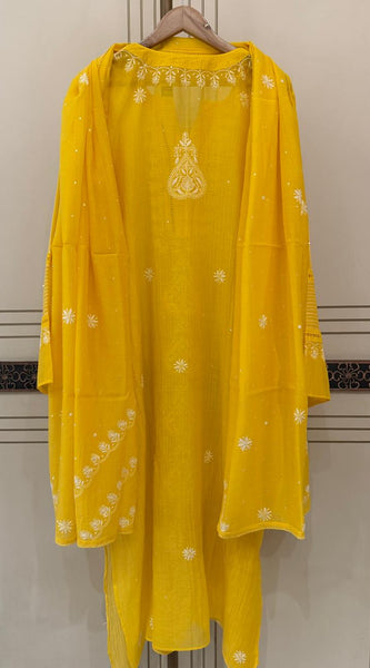 Mul Chanderi Semi-Stitched Kurta Dupatta Set with Pearl, Sequin & Katdana Embellishments