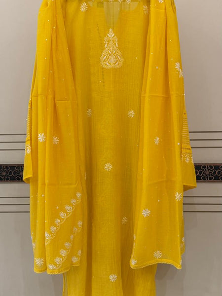 Mul Chanderi Semi-Stitched Kurta Dupatta Set with Pearl, Sequin & Katdana Embellishments