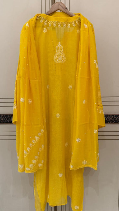Mul Chanderi Semi-Stitched Kurta Dupatta Set with Pearl, Sequin & Katdana Embellishments