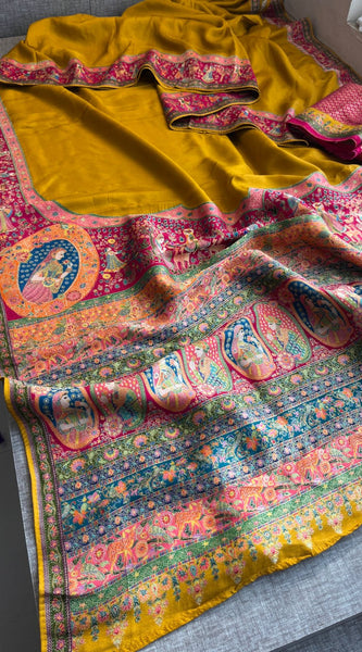 Pure Munga Tussar Silk Saree with Meena Banarasi Weaving