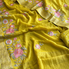 Pure Chinon Crepe Saree with Banarasi Weaving and Multi-Thread Embroidery