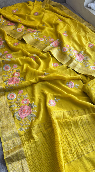Pure Chinon Crepe Saree with Banarasi Weaving and Multi-Thread Embroidery
