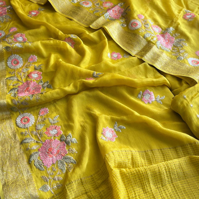 Pure Chinon Crepe Saree with Banarasi Weaving and Multi-Thread Embroidery