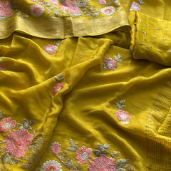 Pure Chinon Crepe Saree with Banarasi Weaving and Multi-Thread Embroidery